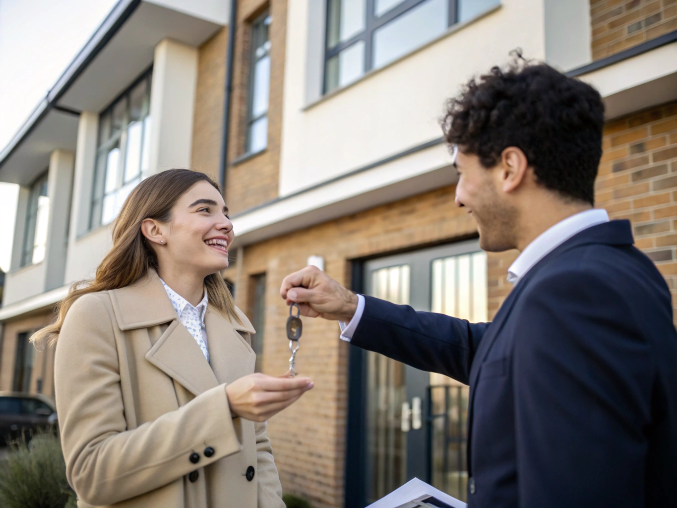 Estate agent handing house keys to client at the front door